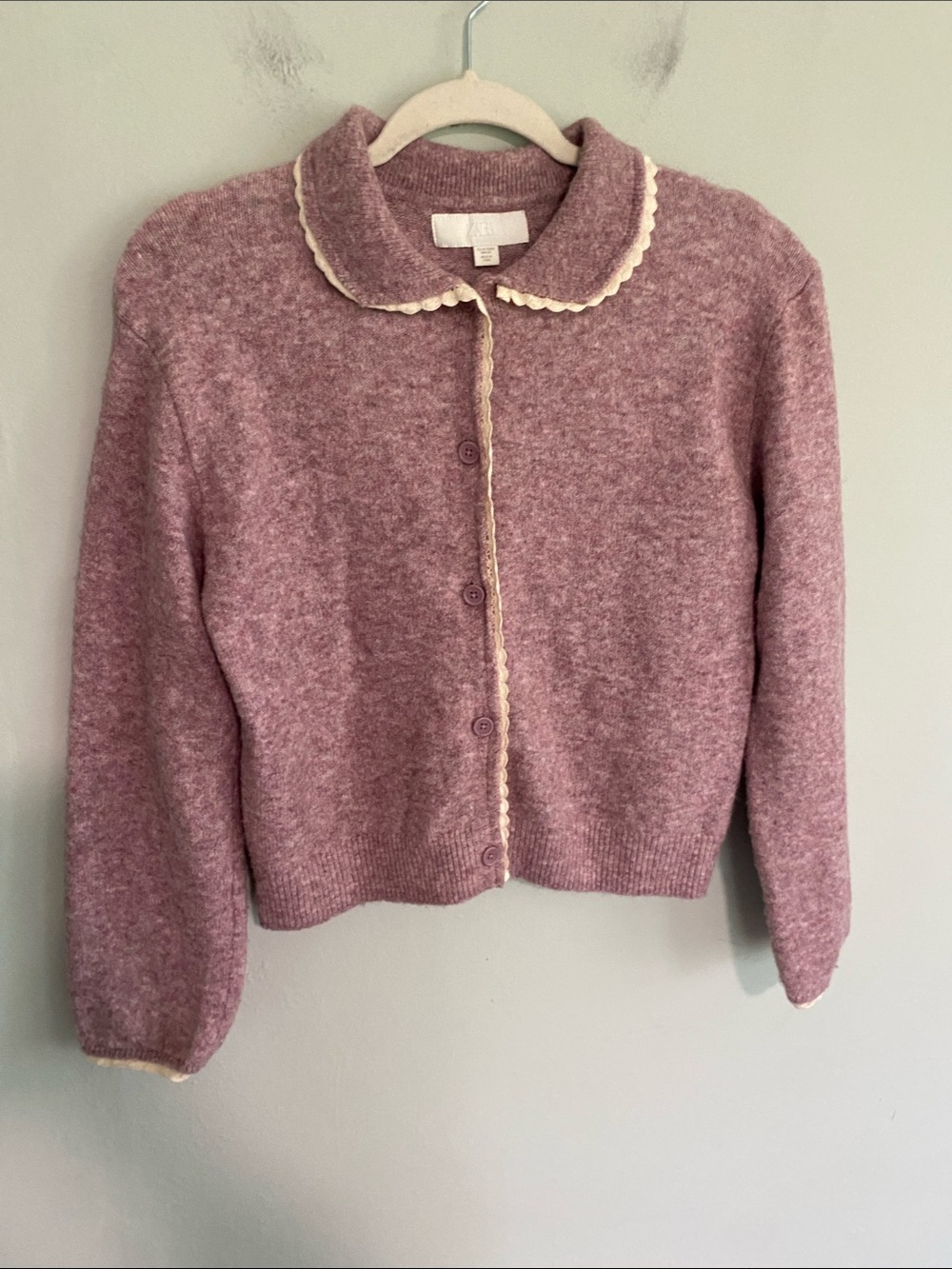 Zara Girl’s Lavender Button Up Cardigan with  Scalloped Lace Trim Size 13-14 Y